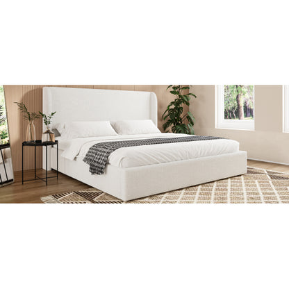Queen Size Boucle Bed Frame, Upholstered Cloud Bed Frame with Headboard, Solid Wood Legs and Slats, No Box Spring Needed, White