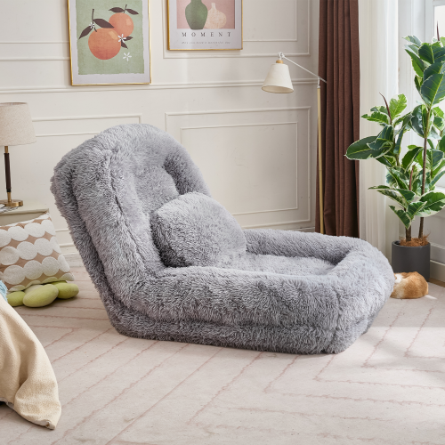 Light Gray 5-Position Adjustable Human-Size Floor Sofa Bed, Plush Faux Fur