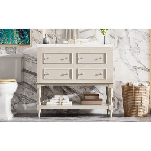 36" Bathroom Vanity Cabinet with Sink Combo Set, Undermount Ceramic Sink, Free Standing Vanity Set with 4 Drawers, Solid Wood Frame Bathroom Cabinet, Beige