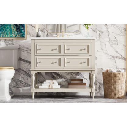 36" Bathroom Vanity Cabinet with Sink Combo Set, Undermount Ceramic Sink, Free Standing Vanity Set with 4 Drawers, Solid Wood Frame Bathroom Cabinet, Beige