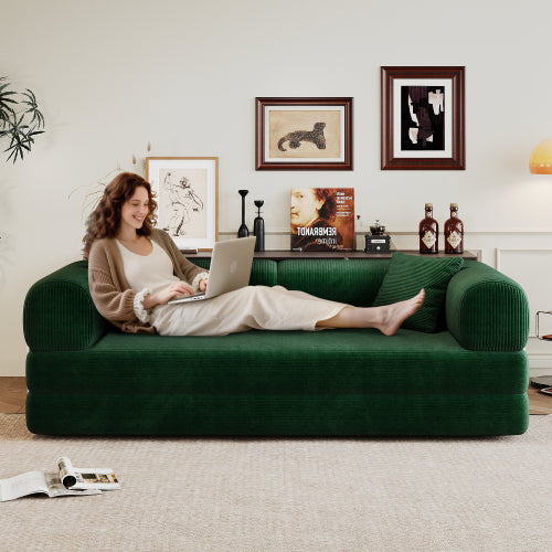 78.8-Inch Green Compression Convertible Boneless Modular Corduroy Floor Sofa-Bed No-Assembly for Living-Room Bedroom