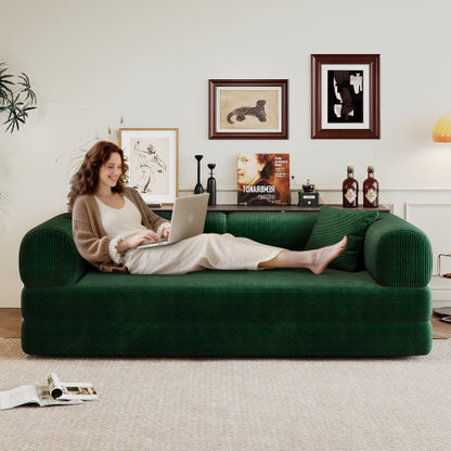 78.8-Inch Green Compression Convertible Boneless Modular Corduroy Floor Sofa-Bed No-Assembly for Living-Room Bedroom