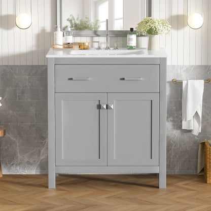 30" Bathroom Vanity with Ceramic Sink, Modern Gray Single Bathroom Cabinet with 2 Doors and a Shelf, Soft Close Doors