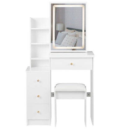 29.2inch  Small Size Left Bedside Cabinet LED Mirror Vanity Table + Cushioned Stool, Large Sliding, Touch Control, 3-color Switch, Brightness Adjust Mirror, High Capacity Storage, EPA, GCC, UL Certificate