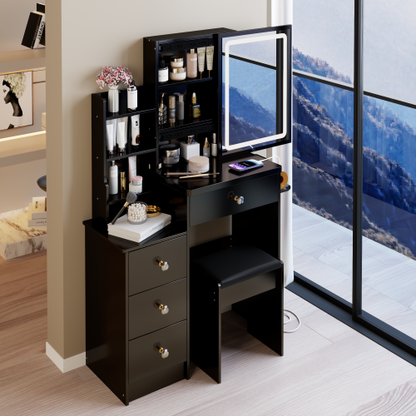 29.2" Small Size Left Bedside Cabinet Vanity Table + Cushioned Stool, 2 AC+2 USB Power Station, Hair dryer bracket, Extra Large Touch Control Sliding LED Mirror, Tri-color Switching, Brightness Adjust