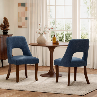 Set of 2 Navy Tufted Chenille Dining Chairs, Curved Rubberwood Legs 300lbs Capacity Space Saving Compact Design