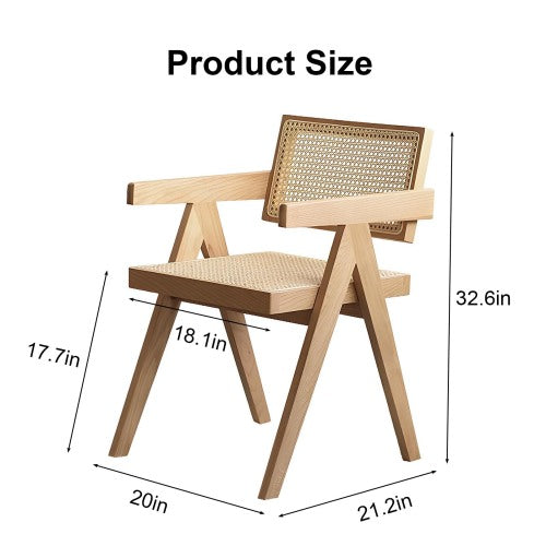 Modern Mid Century Rattan Accent Dining Chair with Armrests, Wood Finish for Living Room & Dining Room