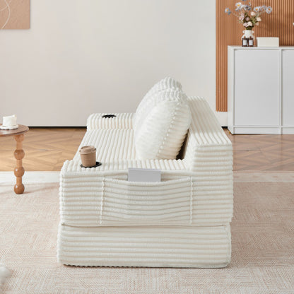 70.8-inch corduroy two-in-one sofa bed, featuring a lounge chair with two throw pillows, built-in cup holders in the armrests, and side storage pockets-ideal for living rooms, bedrooms, and relaxation