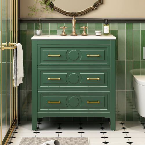 30'' Bathroom Vanity with Ceramic Sink Combo, Free Standing Single Vanity Set with 3 Drawers, Solid Wood Frame Bathroom Storage Cabinet, Green