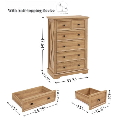 6 Drawer Dresser,6 Drawers cabinet Tall Chest of Drawers Closet Organizers Storage Clothes, cabinet of 6 drawers Living Room, OAK, 31.50''L*15.75W''*47.64''H