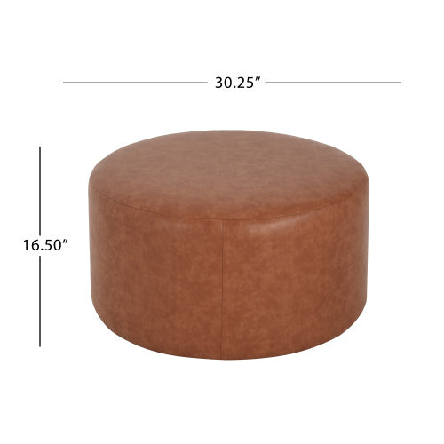 30 Inch Cognac Brown PU Leather Round Ottoman, Upholstered Modular Foot Stool with Pocket Coil Spring Support