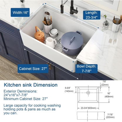 24 Inch White Fireclay Farmhouse Sink-24x 16 White Farm Sink for Small Kitchen and Laundry, Apron Front Porcelain Ceramic Sink Single Basin with Bottom Grid and Strainer