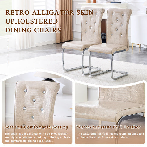 Set of 2 Retro Alligator Skin PVC Dining Chairs, Crystal Buckle Chairs with Electroplated Metal Bow Legs