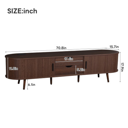 70.8 Inch Mid-Century TV Stand with Tambour Doors, Rattan Drawers & Power Outlet for 80 Inch TV
