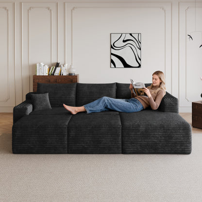 95-Inch Black Plush Corduroy U-Shaped Cloud Sectional Sofa with 2 Ottomans, Deep-Seat Corner Couch No-Assembly for Living-Room