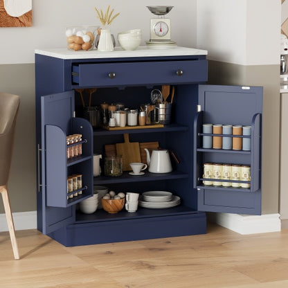 Modern Freestanding Kitchen Pantry,Buffet Food Storage, Coffee Bar Cabinet with Drawer, 2 Adjustable Shelves and 2 Door Shelves for Dining, Kitchen, Blue