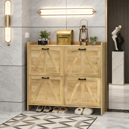 Light Oak Rustic Barn-Door Shoe Cabinet with 4 Flip Drawers, Sleek Space-Saving Entryway Organizer for Living Room