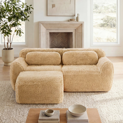Light-Khaki L-Shape Plush Boneless Modular Sofa with Chaise Pillows