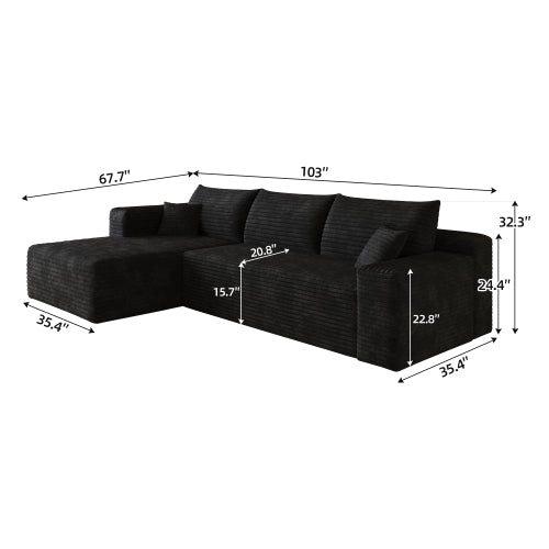 103 inch  Black Plush Corduroy L-Shape Cloud Modular Sofa, No Assembly