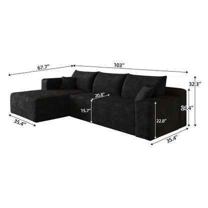 103 inch  Black Plush Corduroy L-Shape Cloud Modular Sofa, No Assembly