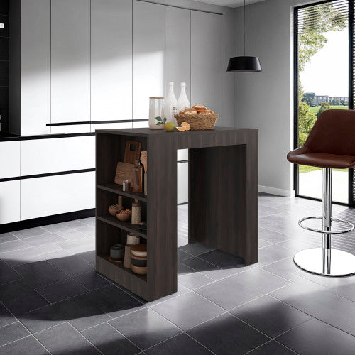 Kitchen Island, Kitchen Bar Table with 3-Side Shelves, Dark Walnut