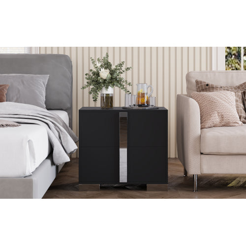 Modern End Table with Drawers, Elegant Nightstand with Metal Foot,Wood Bedside Table with Mirrored Metal Handles,Sofa Side End Table for Bedroom Living Room Office,Black