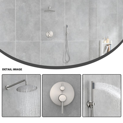 Double Handle 1-Spray Round Shower Faucet 2 GPM with 10 in. Rain Shower Head and Handheld in Brushed Nickel
