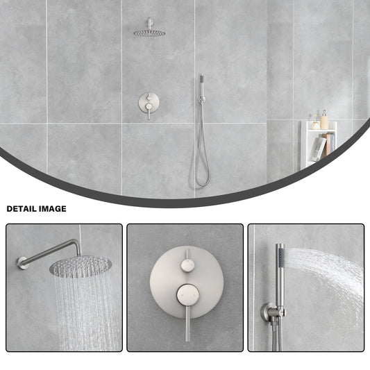 Double Handle 1-Spray Round Shower Faucet 2 GPM with 10 in. Rain Shower Head and Handheld in Brushed Nickel