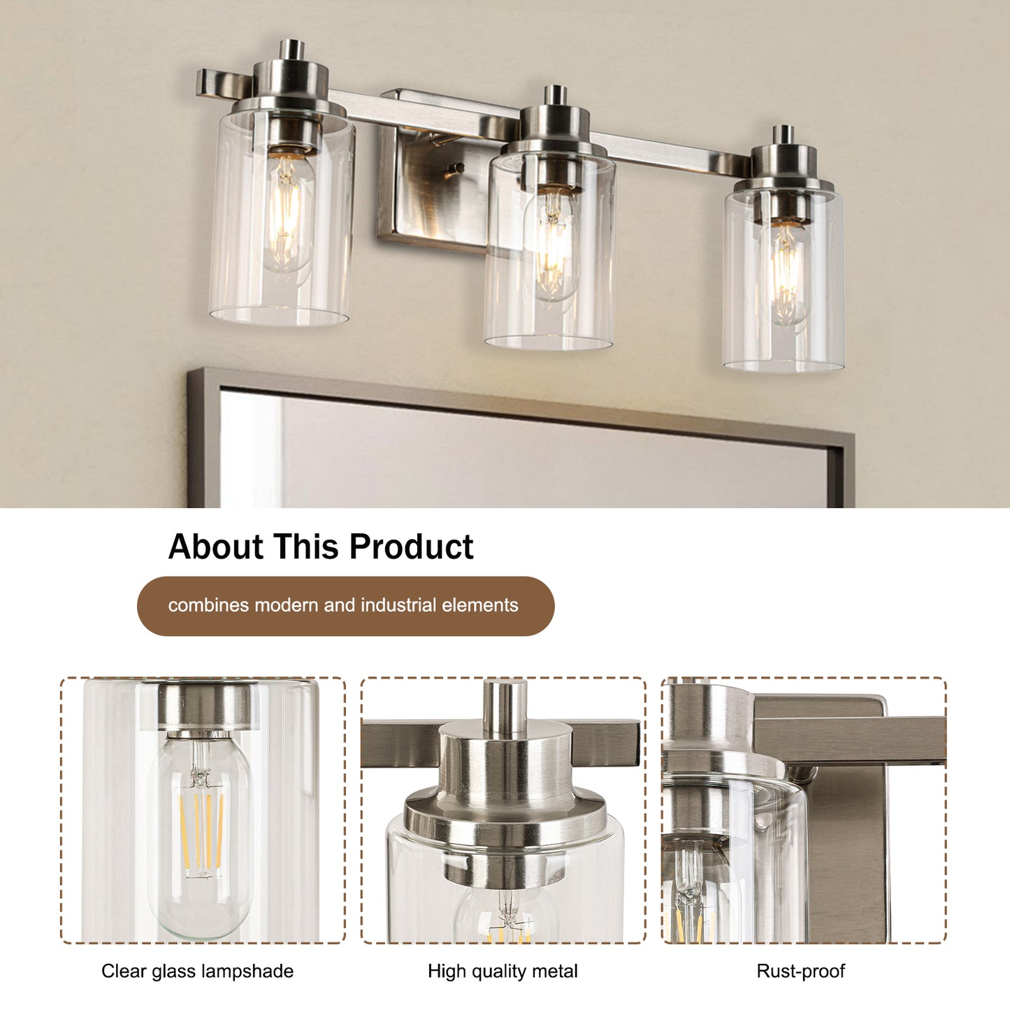 23-in 3-Light Brushed Nickel Led, Modern/Contemporary Vanity Light