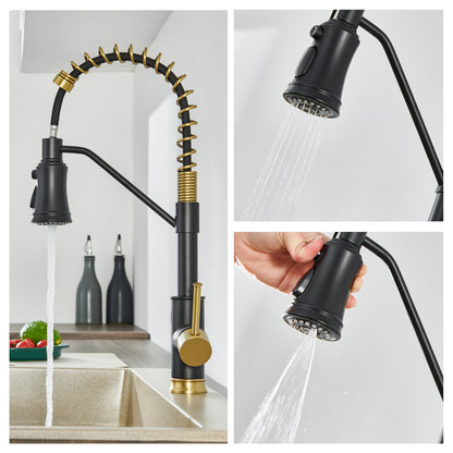 Single Handle Pull Out Sprayer Kitchen Faucet in Matte Black and Gold