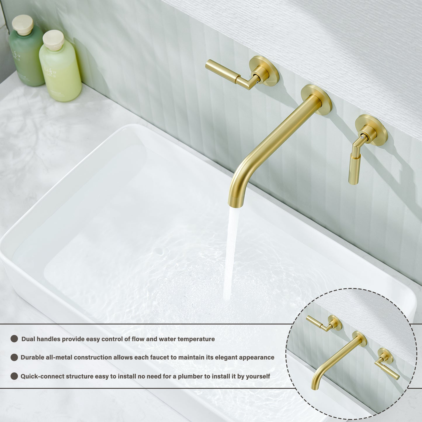 3-Hole 2-Handles Brass Wall-Mount Bathroom Faucet in Brushed Gold