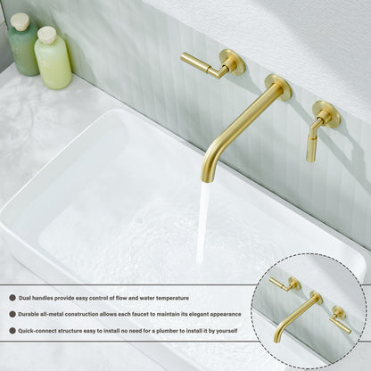 3-Hole 2-Handles Brass Wall-Mount Bathroom Faucet in Brushed Gold