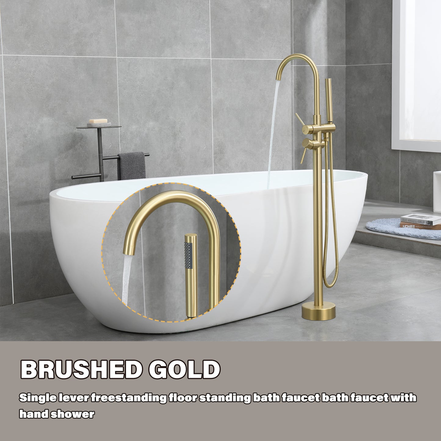 Single-Handle Free Standing Claw Foot Freestanding Tub Faucet with Handheld Shower in Brushed Gold