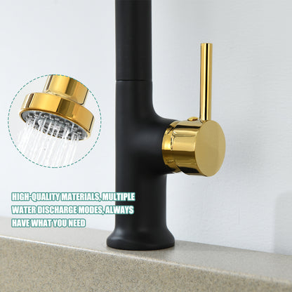 Single Handle Pull Down Sprayer Kitchen Faucet in Matte Black Gold