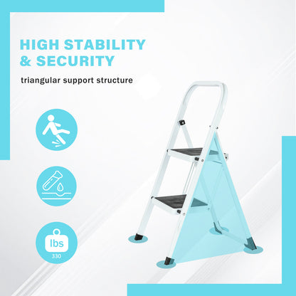 2-Step White Iron Ladder Foldable Non-slip Outdoor Ladder Loading 330 lbs. for Home, Kitchen, Office