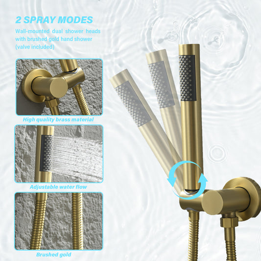 2-Spray Patterns Wall Mounted Handheld Shower Head 1.5 GPM in Brushed Gold
