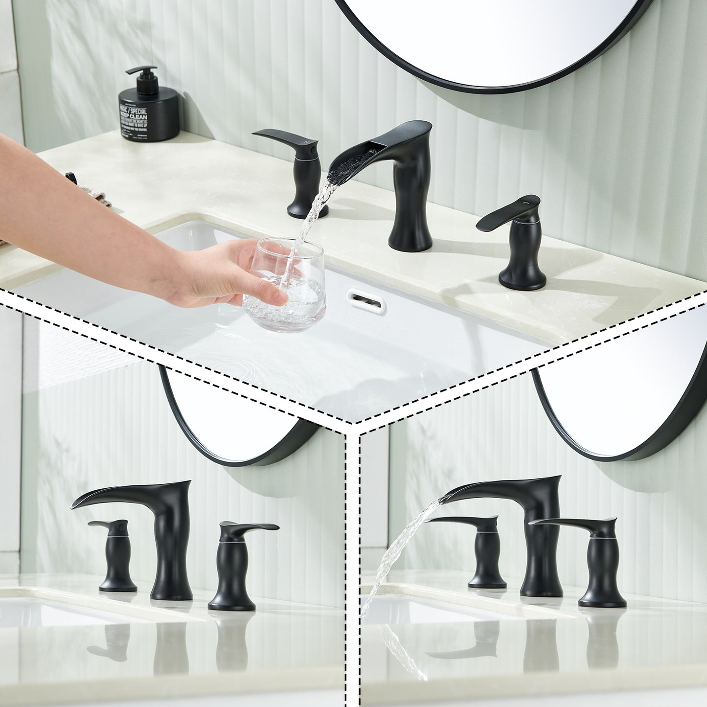 8 in. Widespread Waterfall 2-Handles 3-Holes Bathroom Faucet Lavatory Vanity Sink Faucet in Matte Black