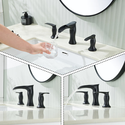8 in. Widespread Waterfall 2-Handles 3-Holes Bathroom Faucet Lavatory Vanity Sink Faucet in Matte Black