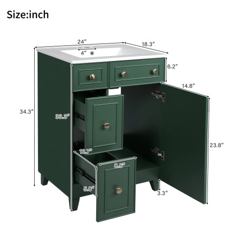 24" Forest Green Bathroom Vanity Cabinet with Ceramic Sink, 2 Drawers, 1 Soft-Close Door
