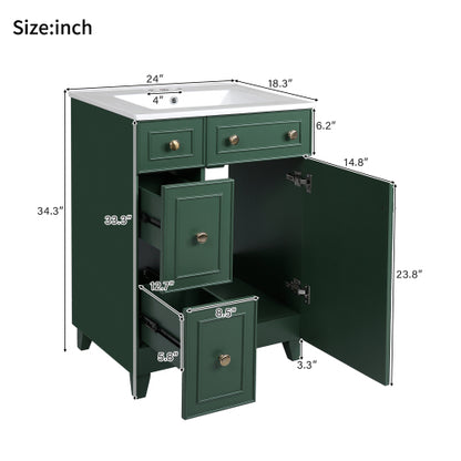 24" Forest Green Bathroom Vanity Cabinet with Ceramic Sink, 2 Drawers, 1 Soft-Close Door