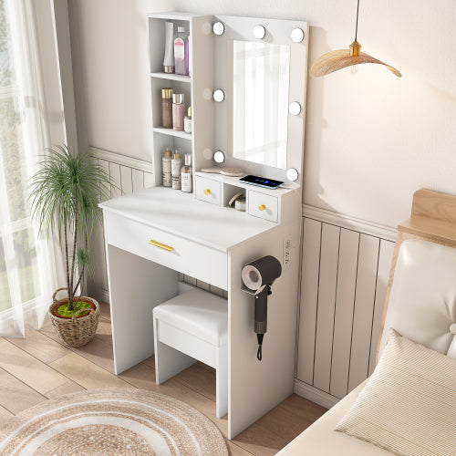 Vanity Table with Mirror & Adjustable LED Lights, Power Outlet, Hairdryer Holder & Stool ¨C Compact Dressing Desk for Small Bedrooms(White)