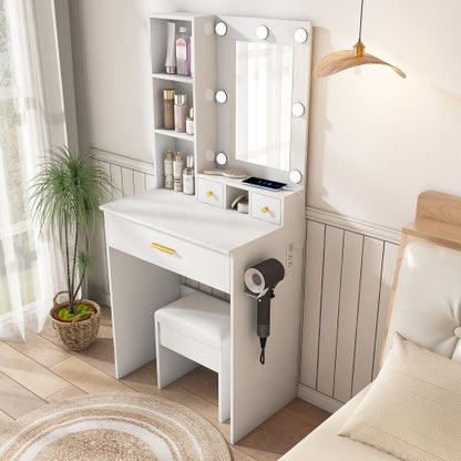 Vanity Table with Mirror & Adjustable LED Lights, Power Outlet, Hairdryer Holder & Stool ¨C Compact Dressing Desk for Small Bedrooms(White)