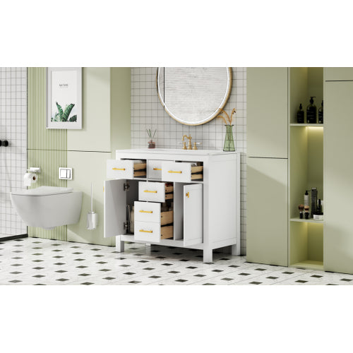36'' Bathroom Vanity with Ceramic Sink Combo Set,Modern Freestanding Single Bathroom Cabinet with 4 Drawers & 2 Cabinets,Storage Cabinet for Bathroom, Solid Wood Frame Vanity Set, White