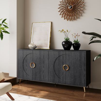 Distressed Black Modern Lacquered 4-Door Wooden Sideboard MDF Metal Leg Adjustable Shelf Home Storage Cabinet