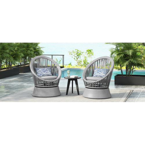 [Set of 2] 26.7" Modern Silver Grey Swivel Wicker Lounge Chair with PE Rattan and Iron Frame