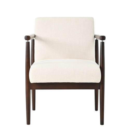 Set of 2 Mid-Century Walnut Rubber Wood Dining Arm Chairs, Beige Fabric, 300 lbs