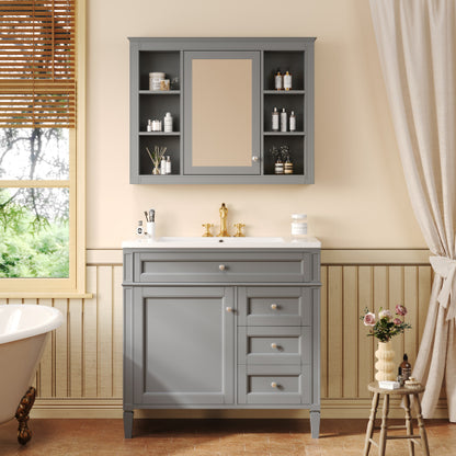 36'' Bathroom Vanity with Top Sink, Modern Bathroom Storage Cabinet with Mirror, 2 Drawers and a Tip-out Drawer, Mirror Cabinet with 6 Open Shelves, Single Sink Bathroom Vanity