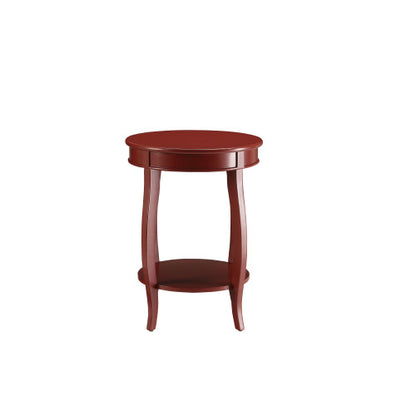 Aberta Red Finish Round Accent Table with Bottom Open Storage Shelf, Wooden Cabriole Legs