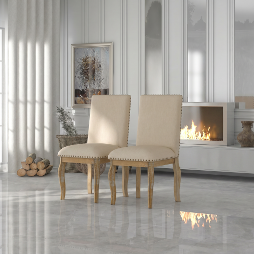 Set of 2 Upholstered Dining Chairs with Rubber Wood Frame, Fabric Seat, Nailhead Detail, Natural Finish