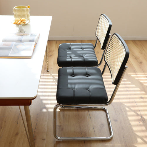 Dining Chairs Set of 2, Faux Leather Rattan Side Accent Chairs with Chrome Legs, Modern Mid Century Breuer Designed Chairs, Black